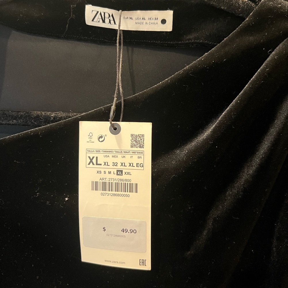 NWT Zara Velvet Draped Mini Dress in Black Size XL